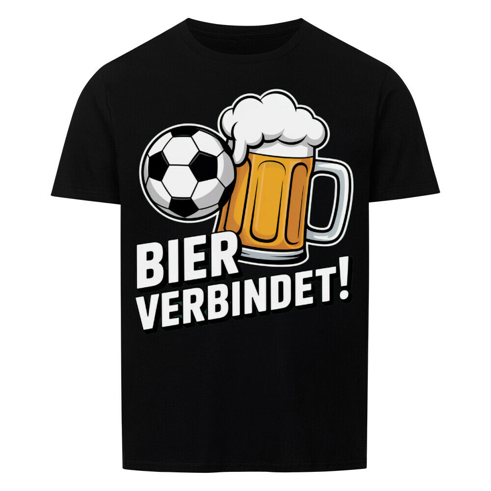 Schwarzes T-Shirt mit Bierkrug und Fußball, Spruch ‚Bier verbindet!‘ – lustiges Fußballshirt für Männer und Frauen