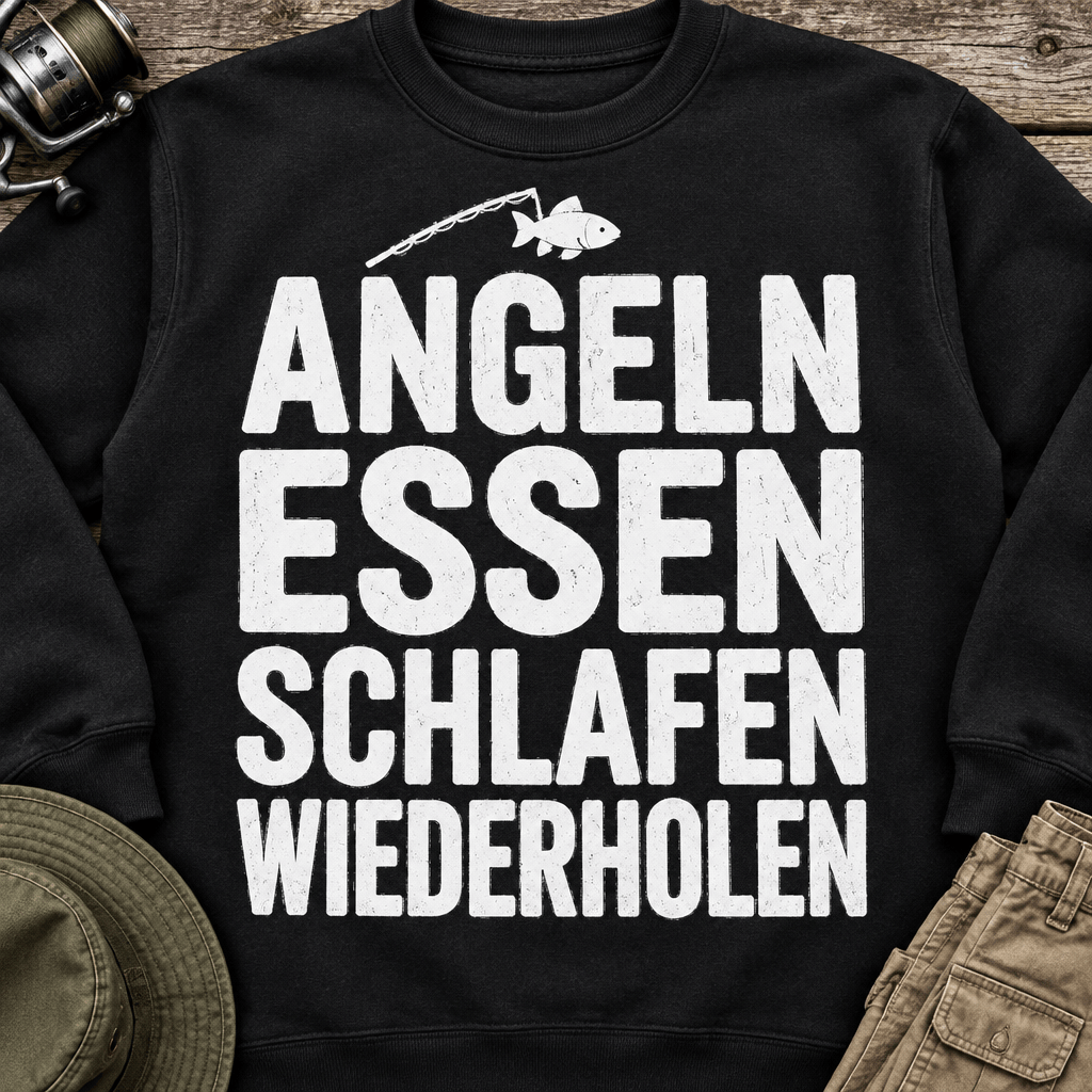 Angeln Essen Schlafen Sweatshirt Styled Flatlay