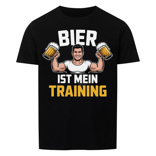 Schwarzes T-Shirt mit Mann stemmend zwei Bierkrüge mit der Aufschrift 'Bier ist mein Training' für Männer und Frauen