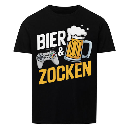 Schwarzes T-Shirt mit Bierkrug-Motiv und dem Spruch ‚Bier & Zocken‘ – lustiges Funshirt für Männer, Geschenkidee für Bierliebhaber und Gamer.