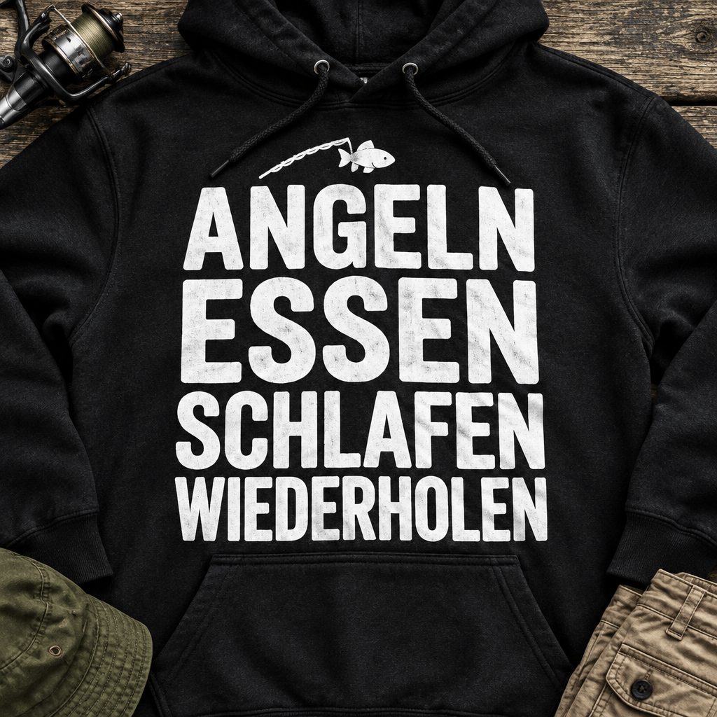 Angeln Essen Schlafen Hoodie Styled Flatlay