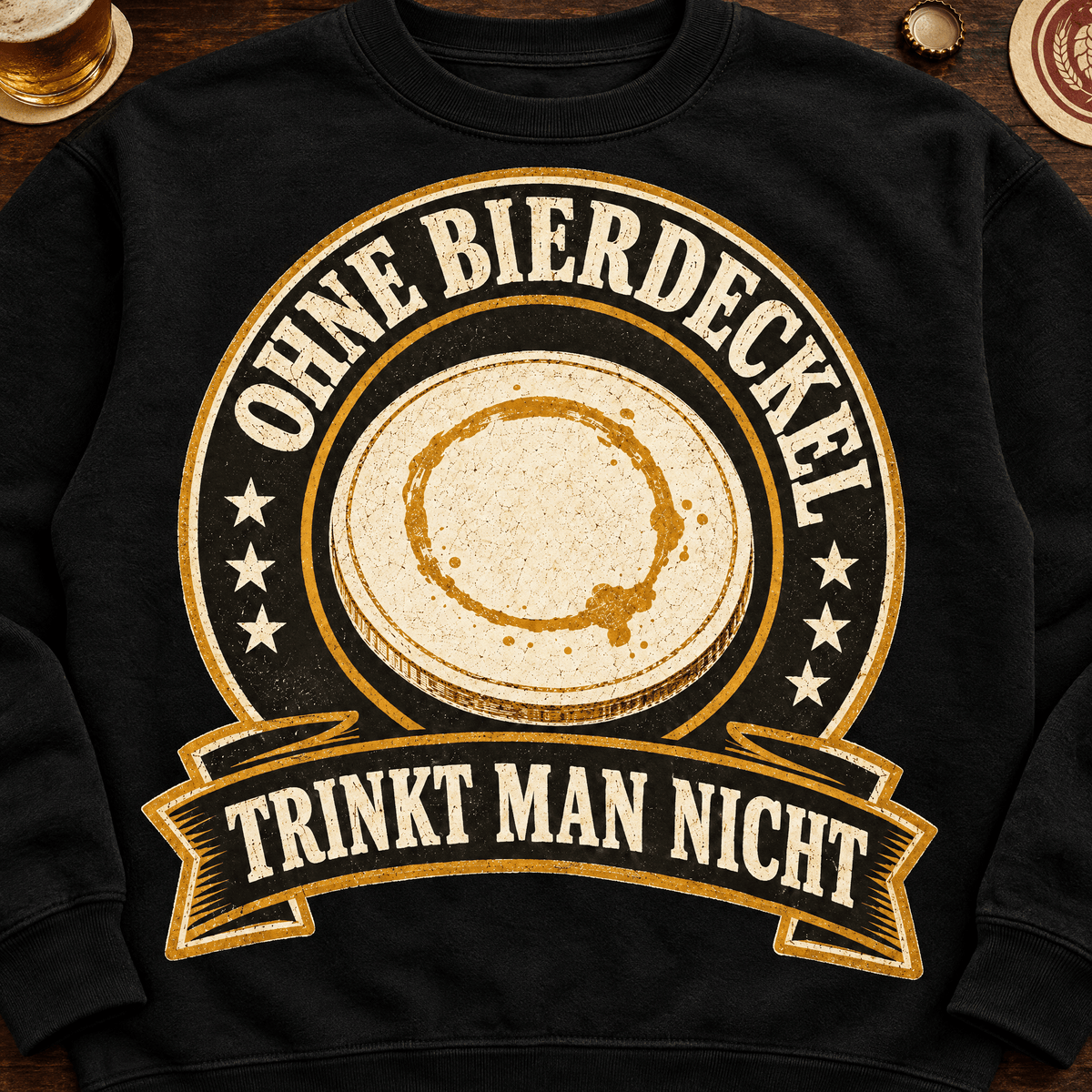 Ohne Bierdeckel Trinkt Man Nicht Sweatshirt Flatlay auf Holztisch