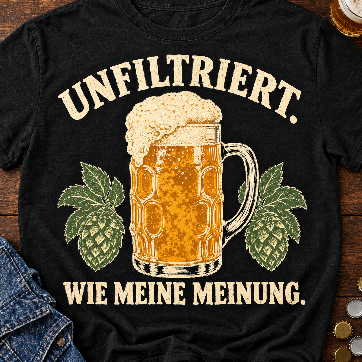Unfiltriert wie meine Meinung T-Shirt Schwarz auf dunklem Holztisch