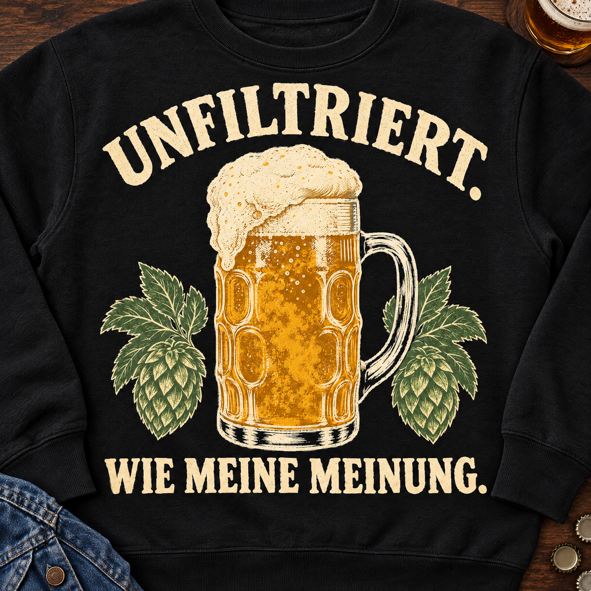 Unfiltriert wie meine Meinung Sweatshirt Schwarz auf dunklem Holztisch