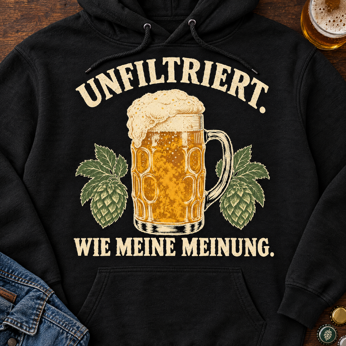 Unfiltriert wie meine Meinung Hoodie Schwarz auf dunklem Holztisch