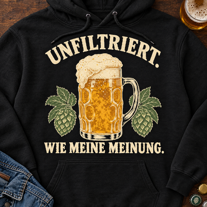 Unfiltriert wie meine Meinung Hoodie Schwarz auf dunklem Holztisch