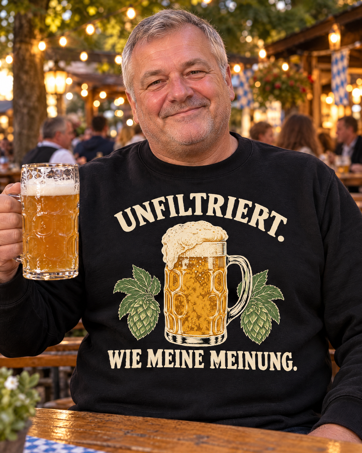 Mann im Biergarten mit dem Unfiltriert wie meine Meinung Sweatshirt in Schwarz