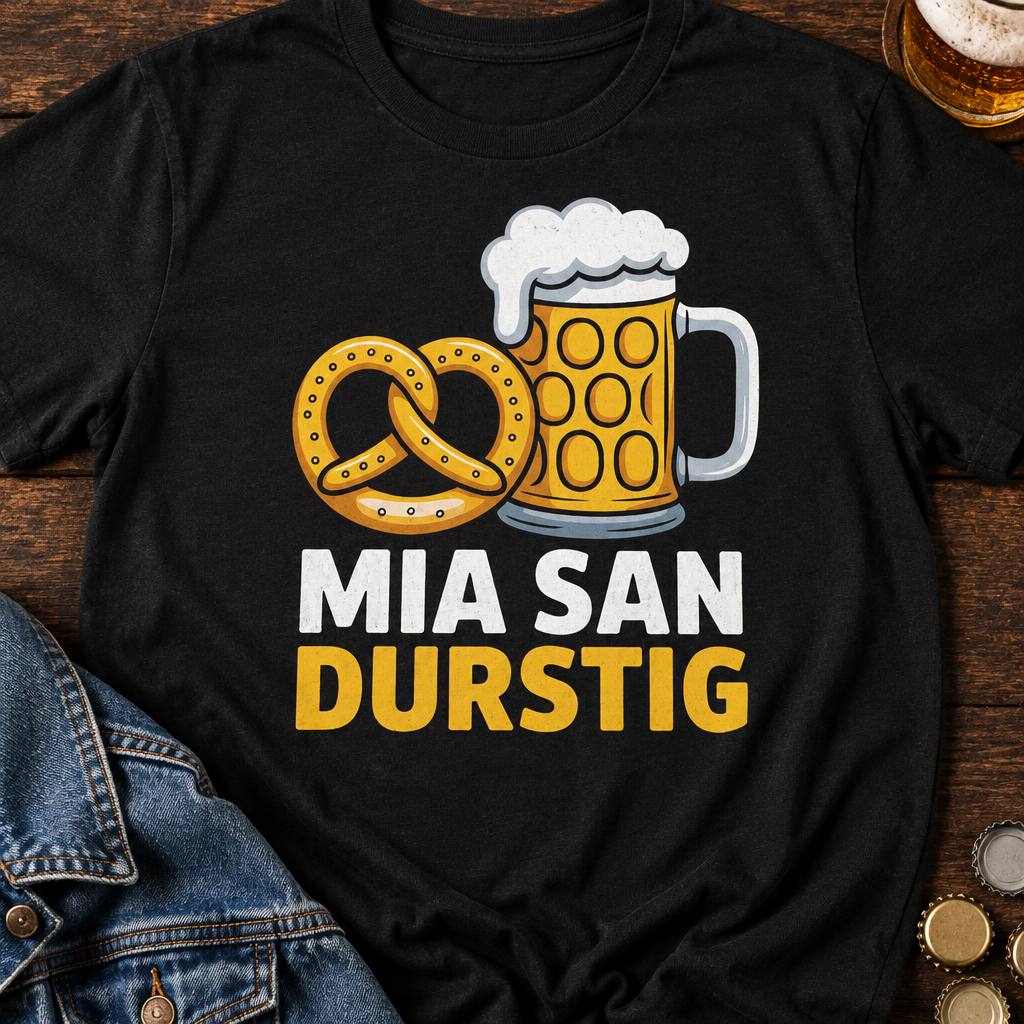 Mia san Durstig Bier T-Shirt - Flatlay - T-ShirtBull