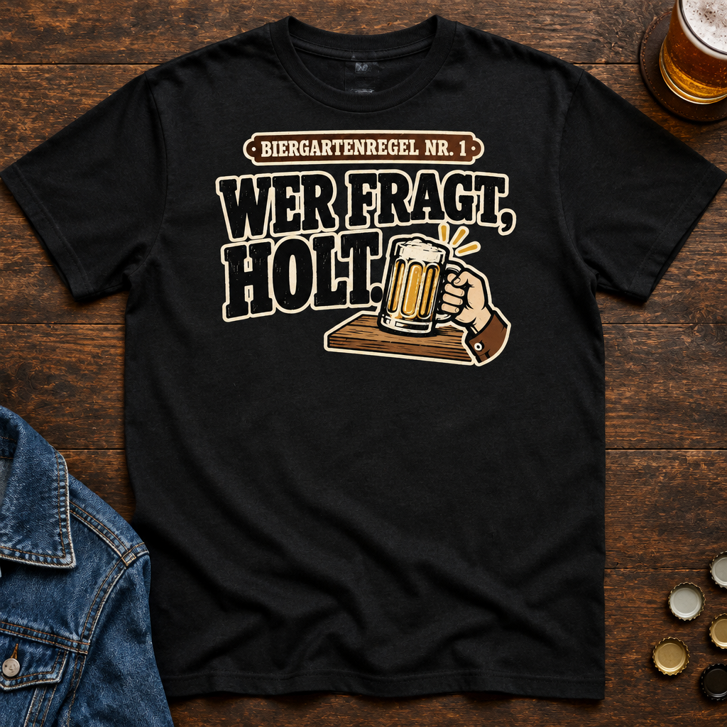 Wer fragt, holt Bier T-Shirt - Flatlay - T-ShirtBull