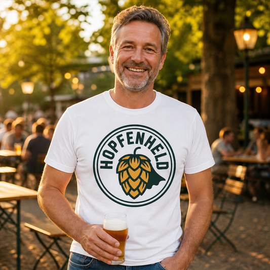 Hopfenheld Bier T-Shirt Lifestyle im Biergarten