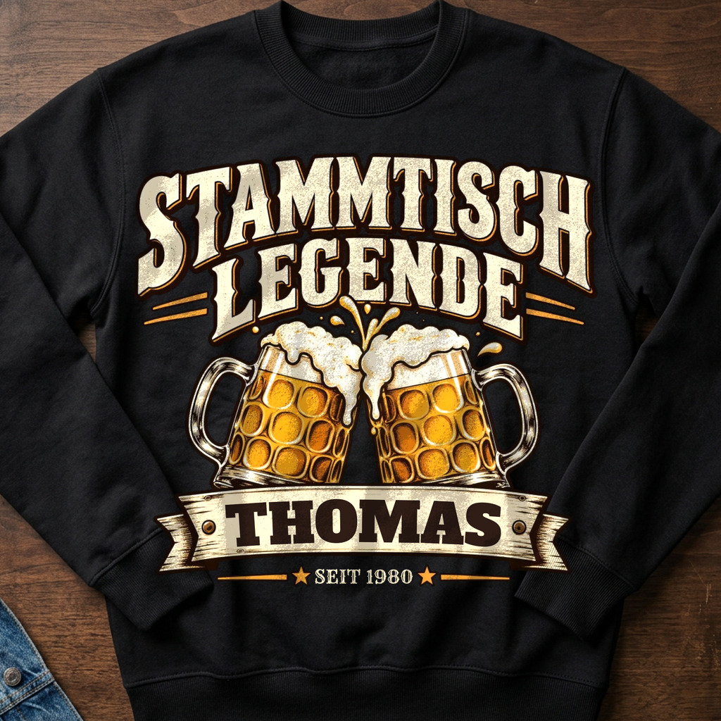 Stammtisch Legende Sweatshirt personalisiert - Flatlay - T-ShirtBull