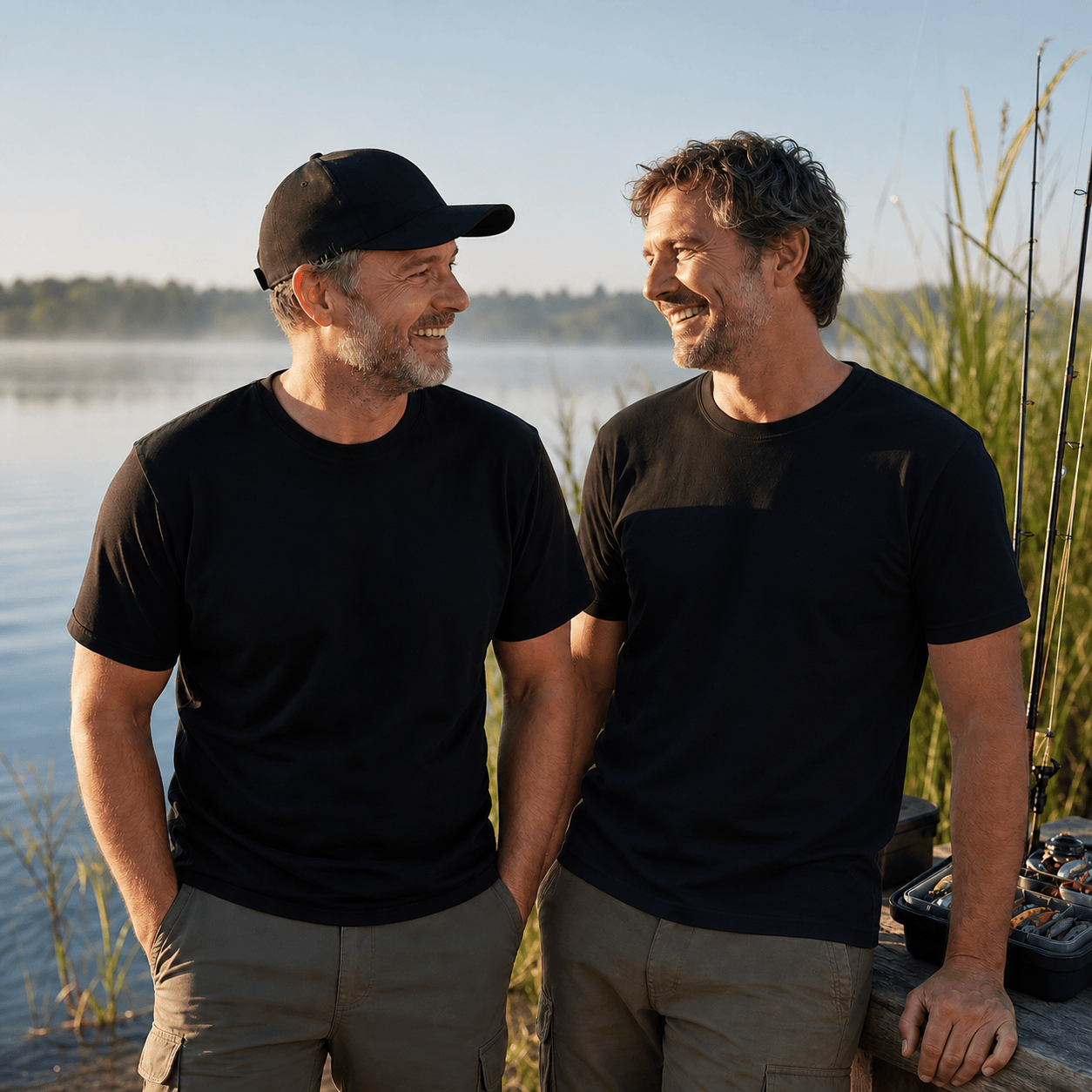 Zwei Männer in schwarzen T-Shirts am See beim Angeln – Angler T-Shirts von T-ShirtBull